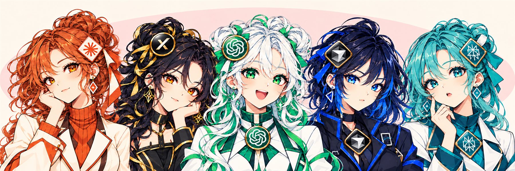 Claude, Grok, GPT, Cursor, and Perplexity standing side by side
