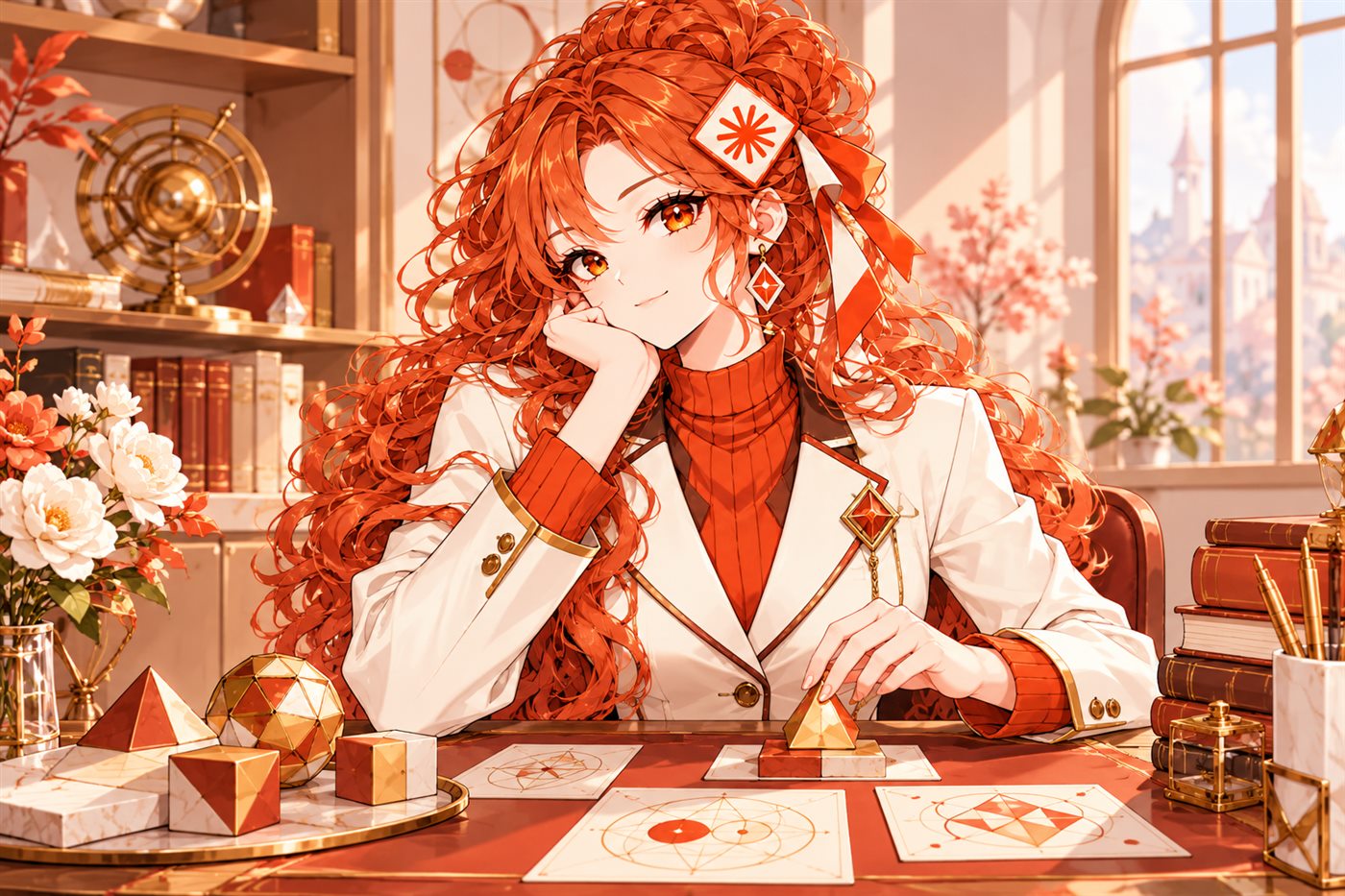 Claude, orange-haired, thinking at a sunlit desk of puzzles