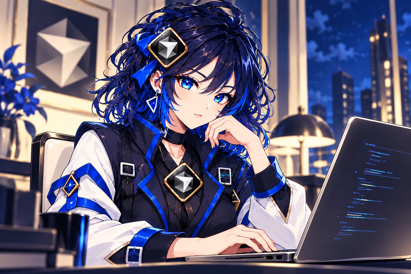 Cursor, blue-haired, coding on a laptop at night