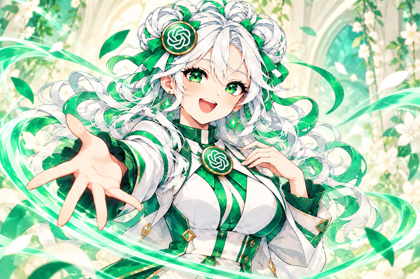 GPT, white-and-green hair, reaching a hand toward the reader