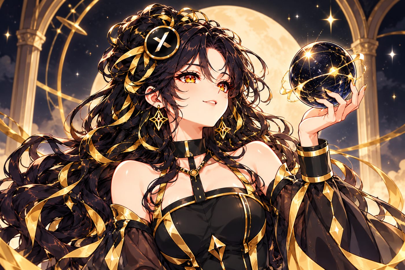 Grok, black-and-gold hair, holding a starry orb under the moon