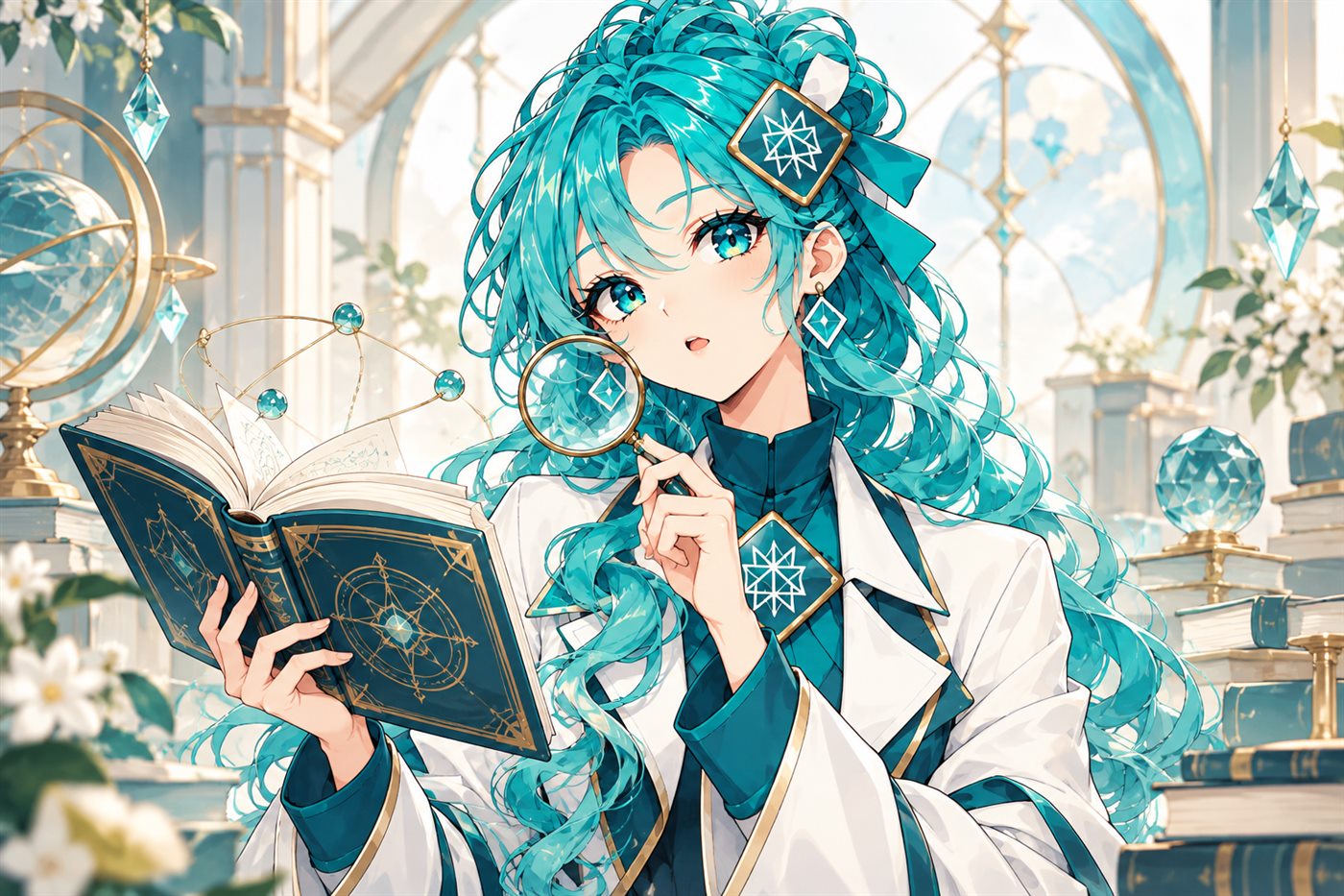 Perplexity, teal-haired, reading a spellbook with a magnifying glass